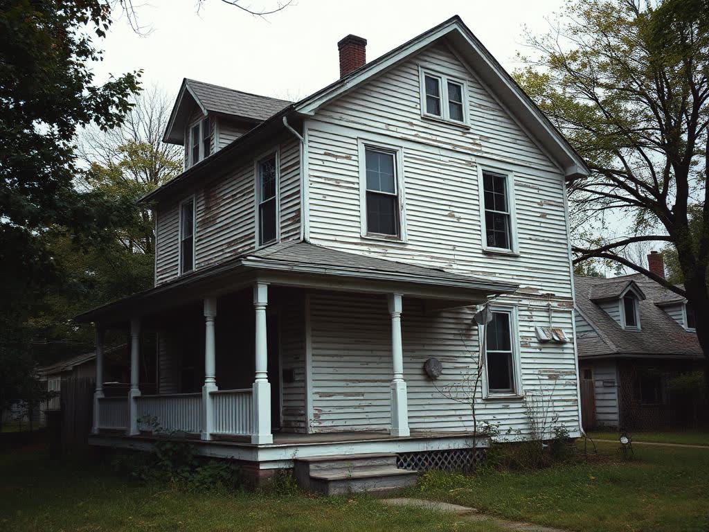 Worn two-story house with peeling siding before renovation
