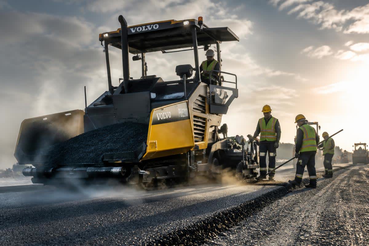 Asphalt paver laying fresh blacktop on a road construction project